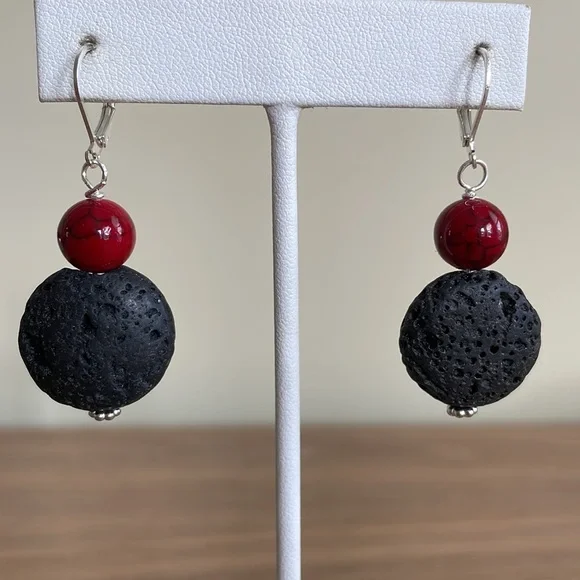 HAND CRAFTED LAVA ROCK EARRINGS Black Lava Rock “Coins” Red Glass Beads - Picture 5 of 12